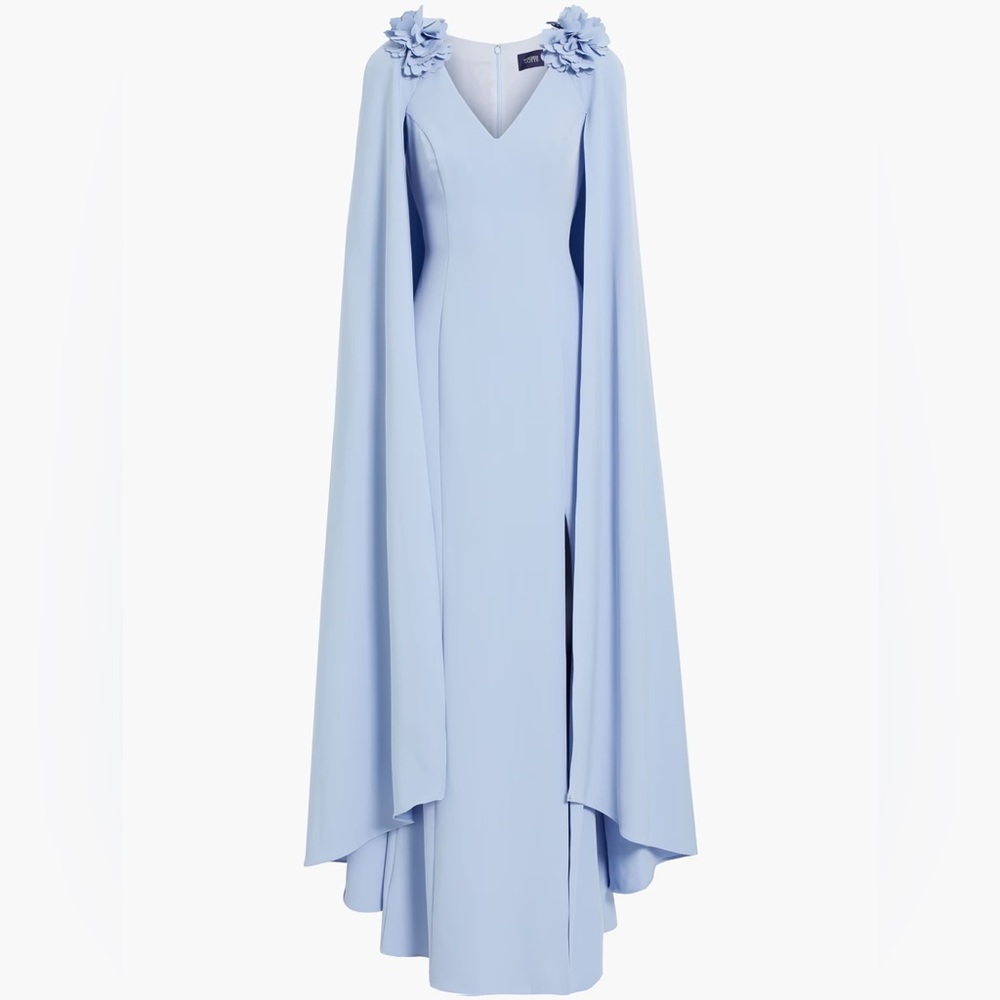 Marchesa Notte Chic Light Blue Maxi Gown Cape Dress for Black Tie Wedding